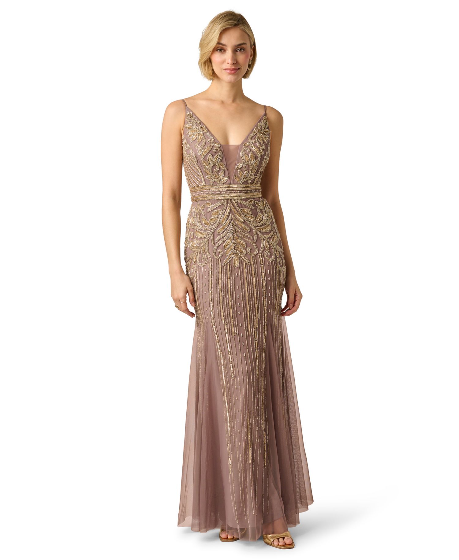 Women's Sleeveless V-Neck Beaded Ball Gown