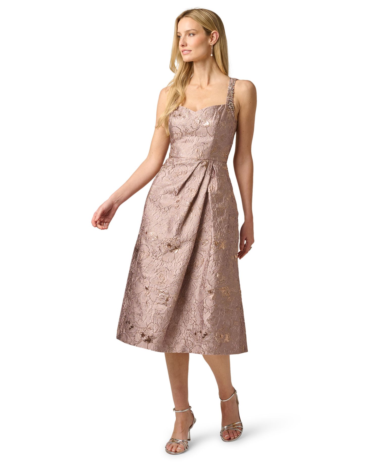 Women's Metallic Jacquard Sweetheart Neck Midi Dress
