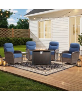 7Pieces Patio Rocking Swivel Chair with 50,000 BTU Fire Pit Table Outdoor Wicker Rattan Bistro Set with Tempered Glass Side Tables