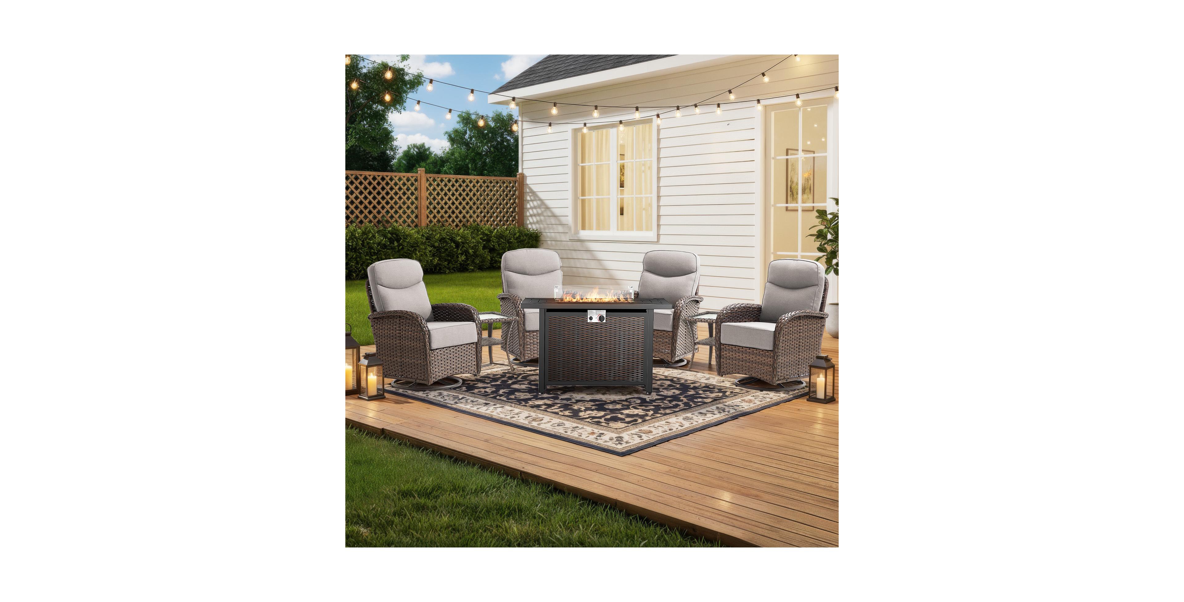 Pocassy 7Pcs Patio Rocking Swivel Chair with 50,000 Btu Fire Pit Table Outdoor Wicker Rattan Bistro Set Tempered Glass Side Tables