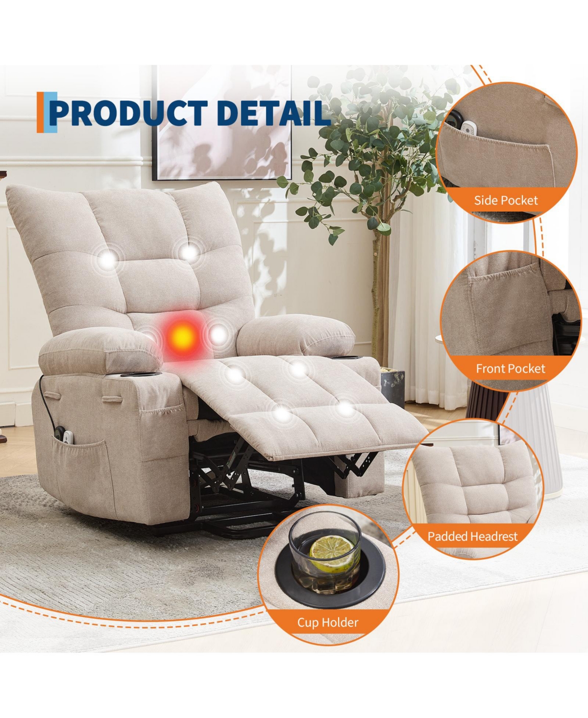 homfan Padded Power Lift Swivel Rocker for Elderly, Electric Stand-Assist Chair with Massage and Heat, Cup Holders Side Pocket Lounge Use