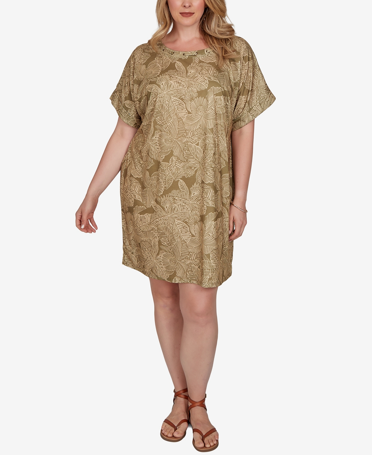 Hearts Of Palm Plus Printed Short-Sleeve Grommet Dress
