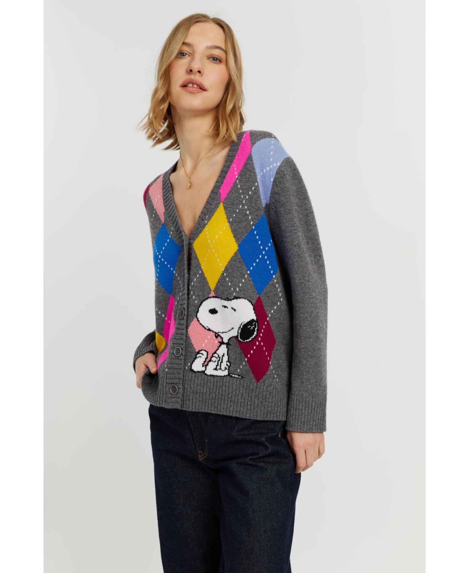 Women's Wool-Cashmere Snoopy Argyle Cardigan