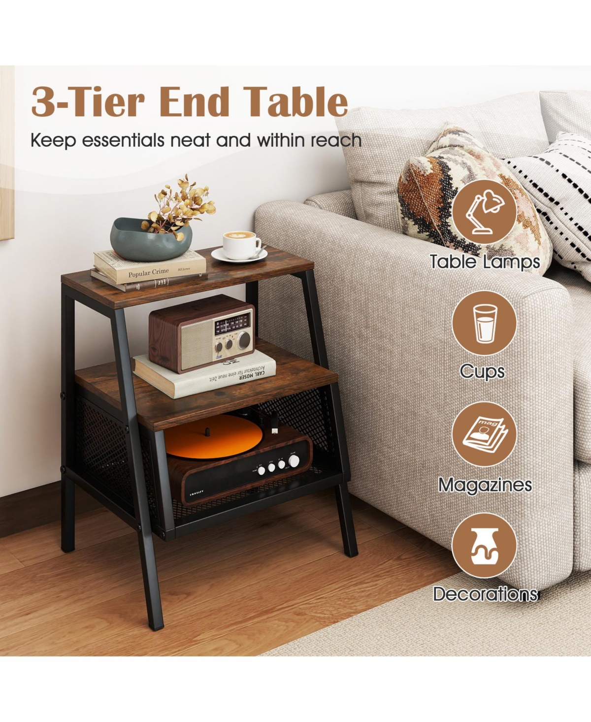 Slickblue Industrial Nightstand 3-Tier End Table with 2 Open Shelves and Metal Mesh Compartment