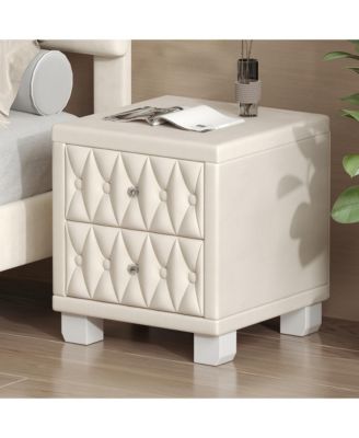 Velvet Nightstand With 2 Storage Drawers, Modern Bedside Table With Diamond Tufted Design And Crystal Knobs For Bedroom, Living Room