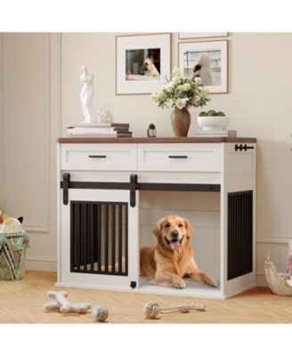 44.5'' Dog Crate Furniture with Storage Drawers, Wooden Double Dog Cage TV Stand with 2 Sliding Barn Doors, for Medium/Large Breeds