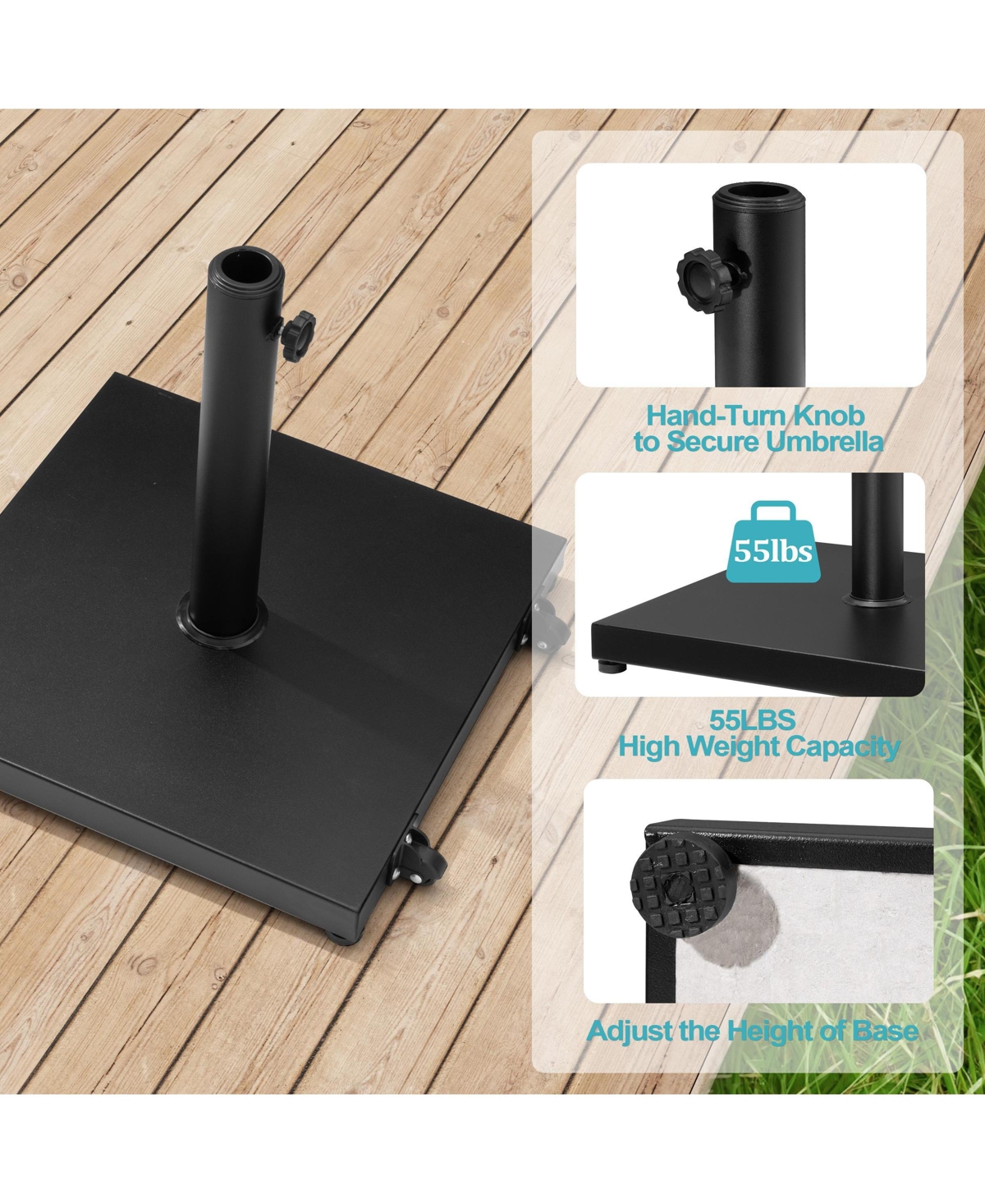 Pellebant Outdoor 40/55LBS Concrete Umbrella Wheel Base Stand Square Weighted for Patio Market Umbrella