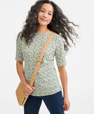 Petite Leafy Clover Boat-Neck Floral-Print T-Shirt
