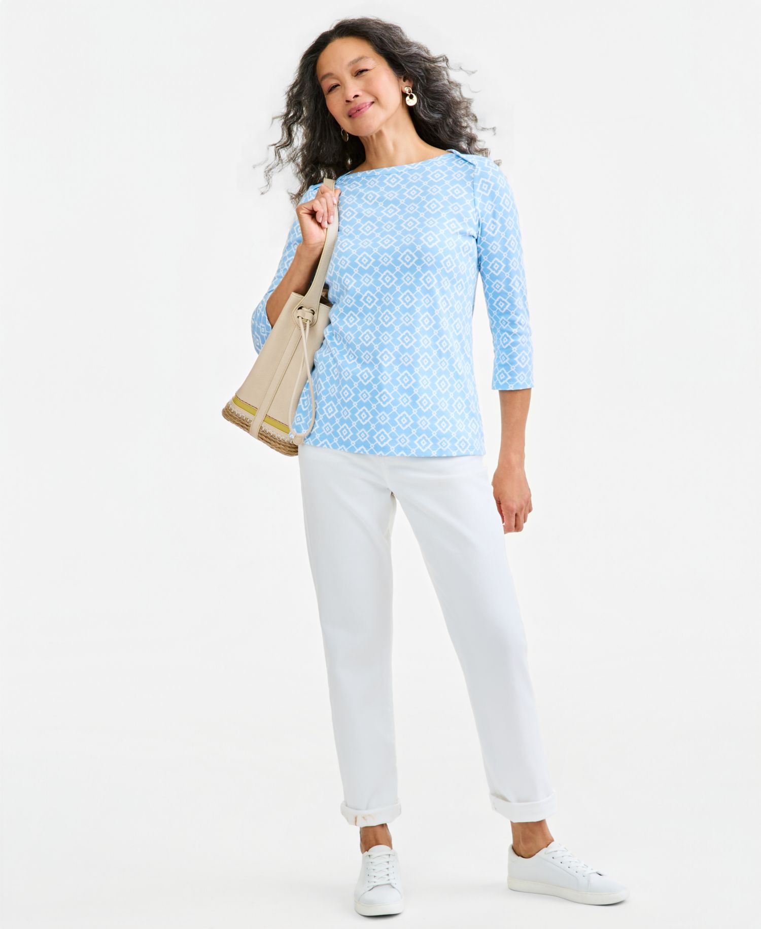 Petite Printed Pima Cotton 3/4-Sleeve Boat Neck Top