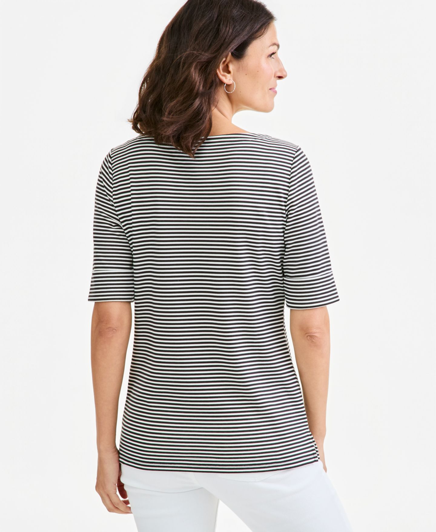 Женская футболка Style & Co Petite Elbow Feeder Stripe Boatneck Elbow-Sleeve, цвет: Глубокий чёрный — фото 3