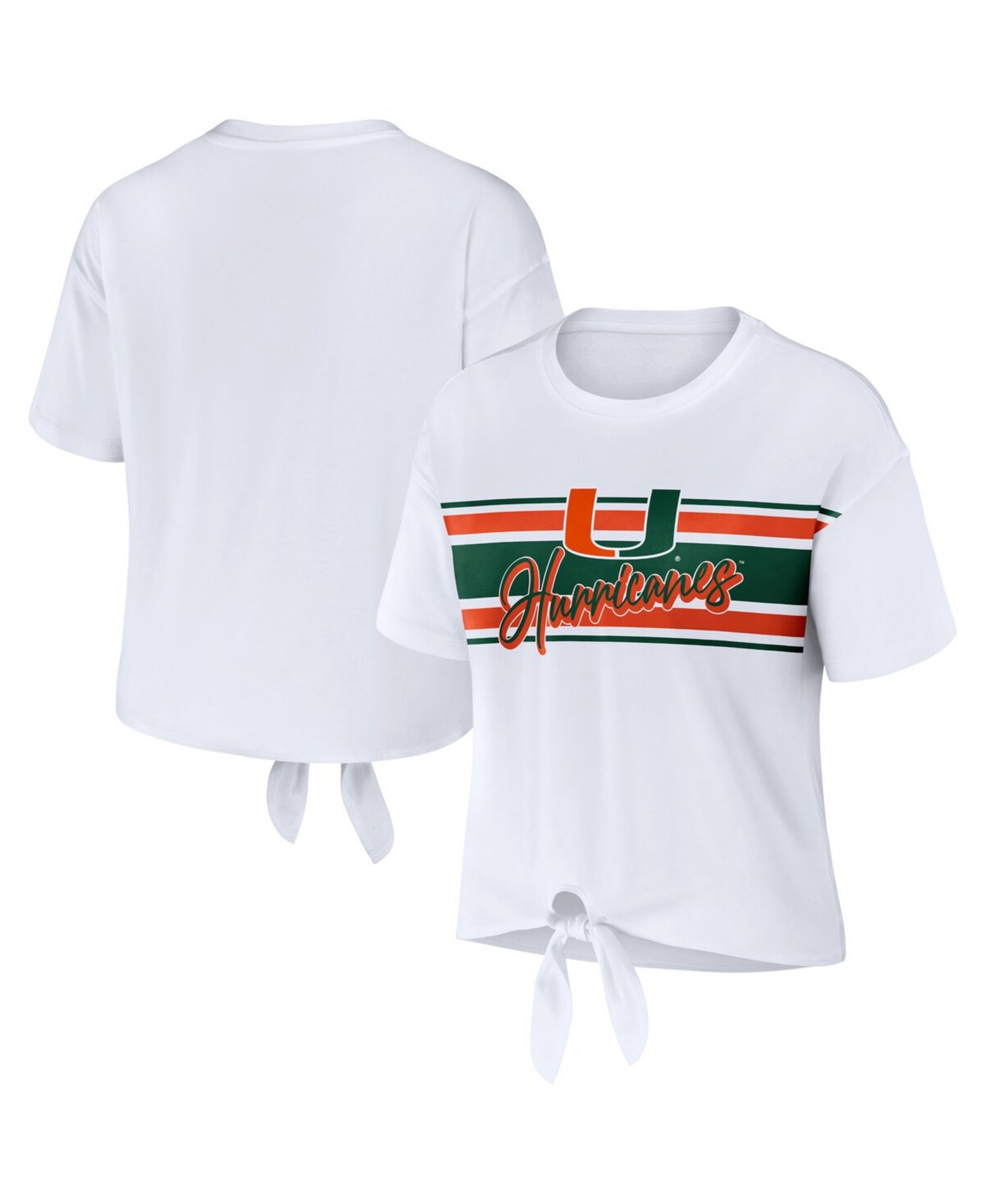 Women's White Miami Hurricanes Striped Front Knot Cropped T-Shirt