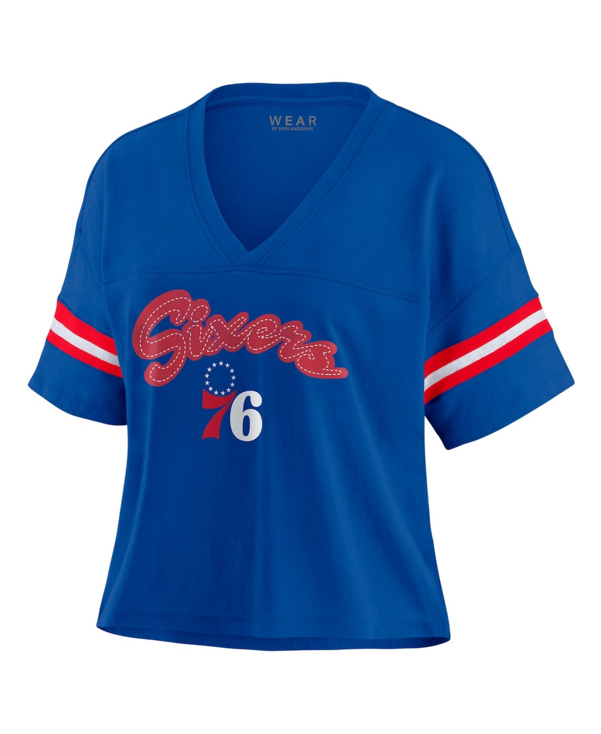 Wear by Erin Andrews Women's Royal Philadelphia 76ers Color Block Boxy V-Neck T-Shirt