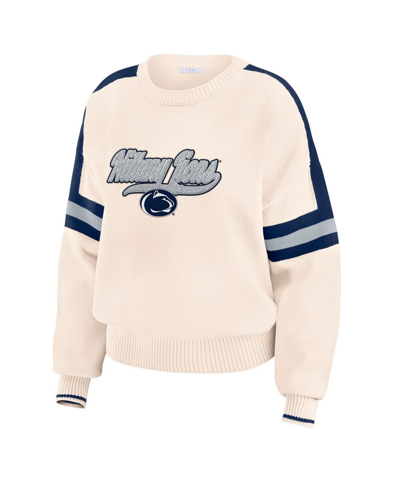 Women's Cream Penn State Nittany Lions Chenille Woven Patch Stripe Pullover Sweater