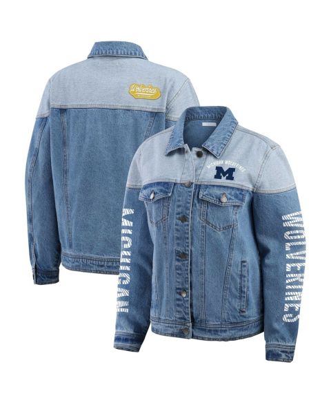Женские куртки WEAR by Erin Andrews Women's Denim Michigan Wolverines Sleeve Hit Color Block Button-Down Denim Jacket