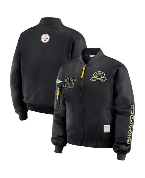 Женские куртки WEAR by Erin Andrews Women's Black Pittsburgh Steelers Patch Full-Zip Bomber Jacket