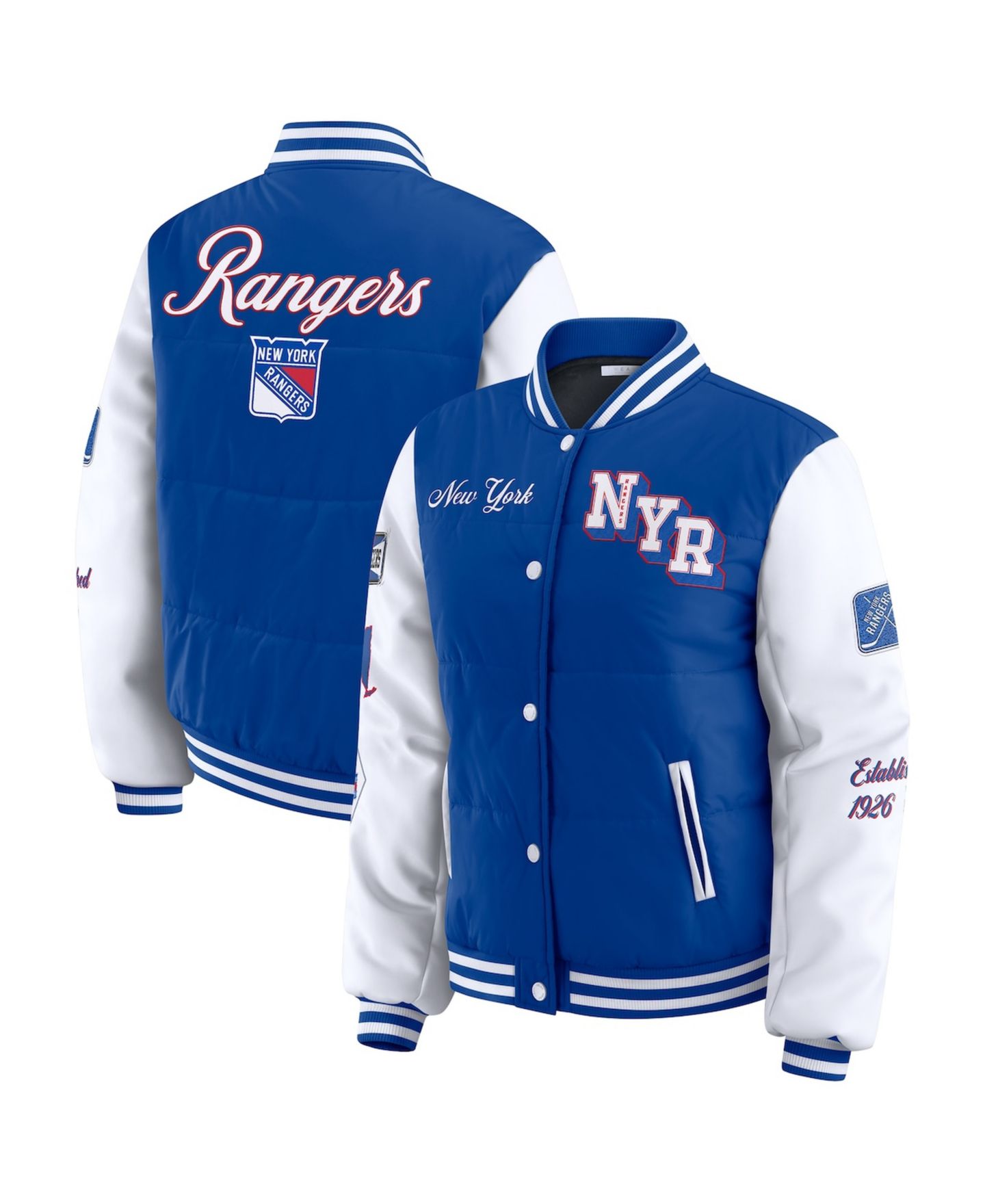 Женская куртка WEAR by Erin Andrews Blue/White New York Rangers Varsity Full-Snap Puffer — фото 1