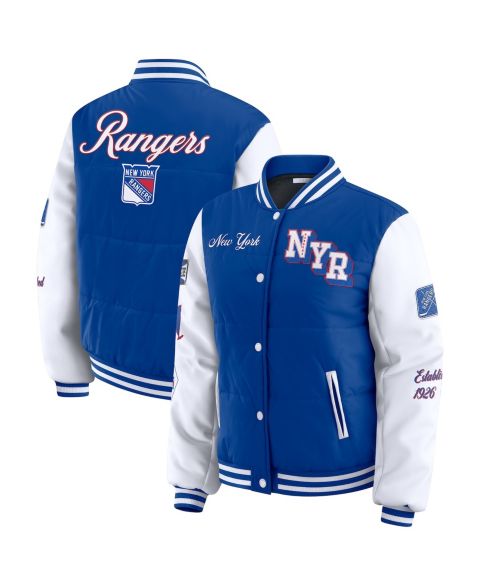 Женские куртки WEAR by Erin Andrews Women's Blue/White New York Rangers Varsity Full-Snap Puffer Jacket