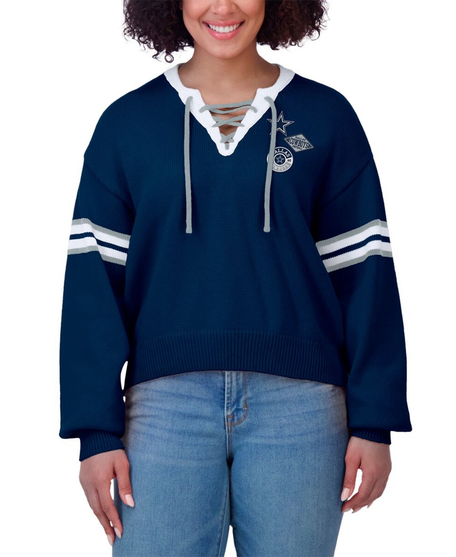 Women's Navy Dallas Cowboys Lace-Up Sweater