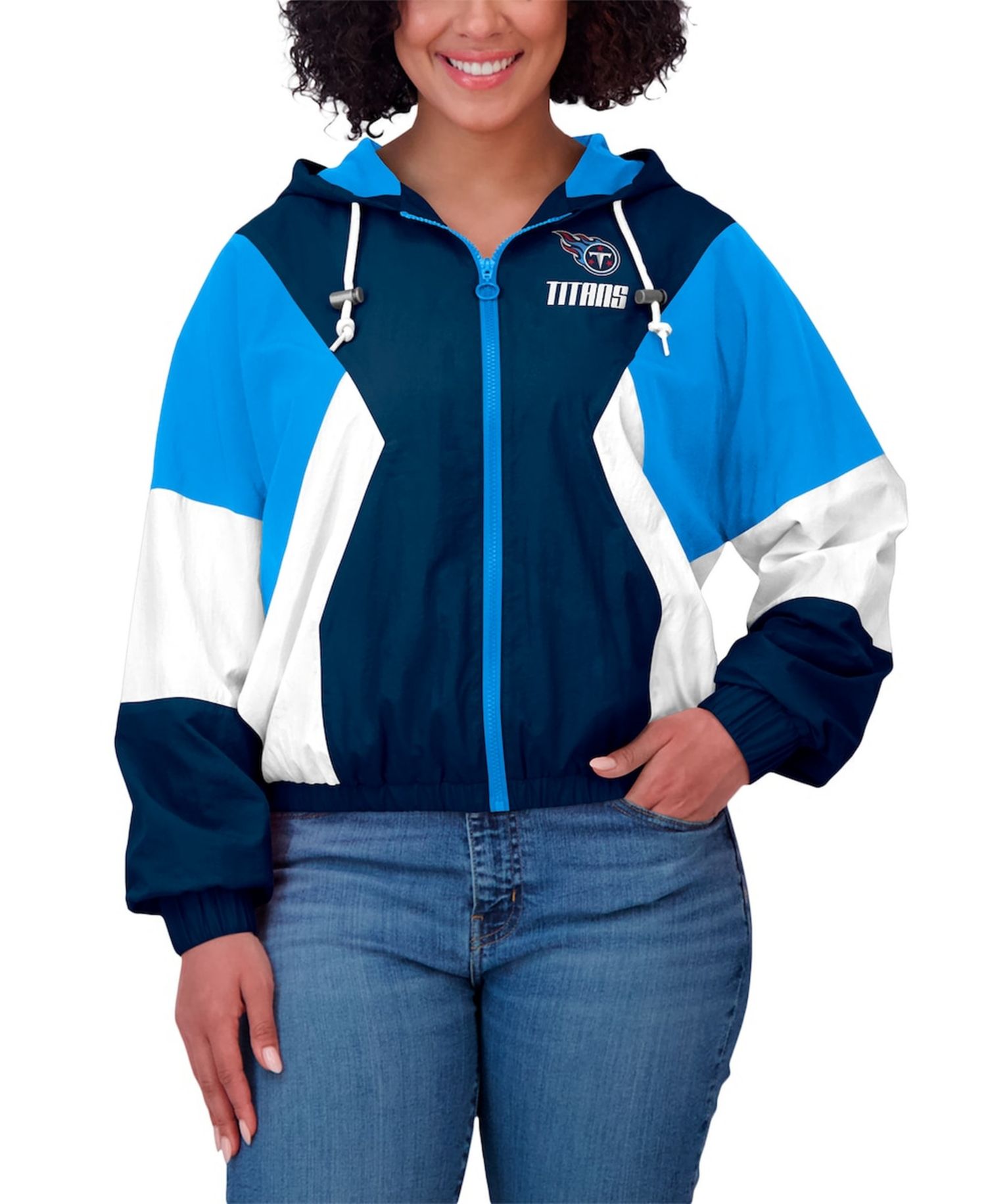 Women's Navy/Light Blue Houston Oilers Plus Size Color Block Full-Zip Windbreaker Jacket