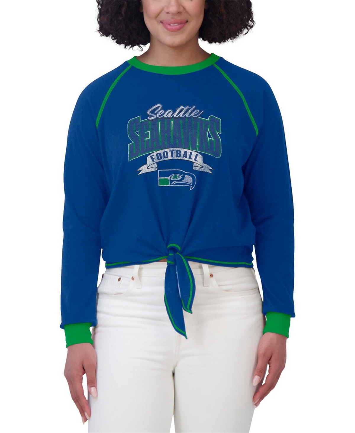 Wear by Erin Andrews Women's Royal/Green Seattle Seahawks Tie-Front Long Sleeve Top