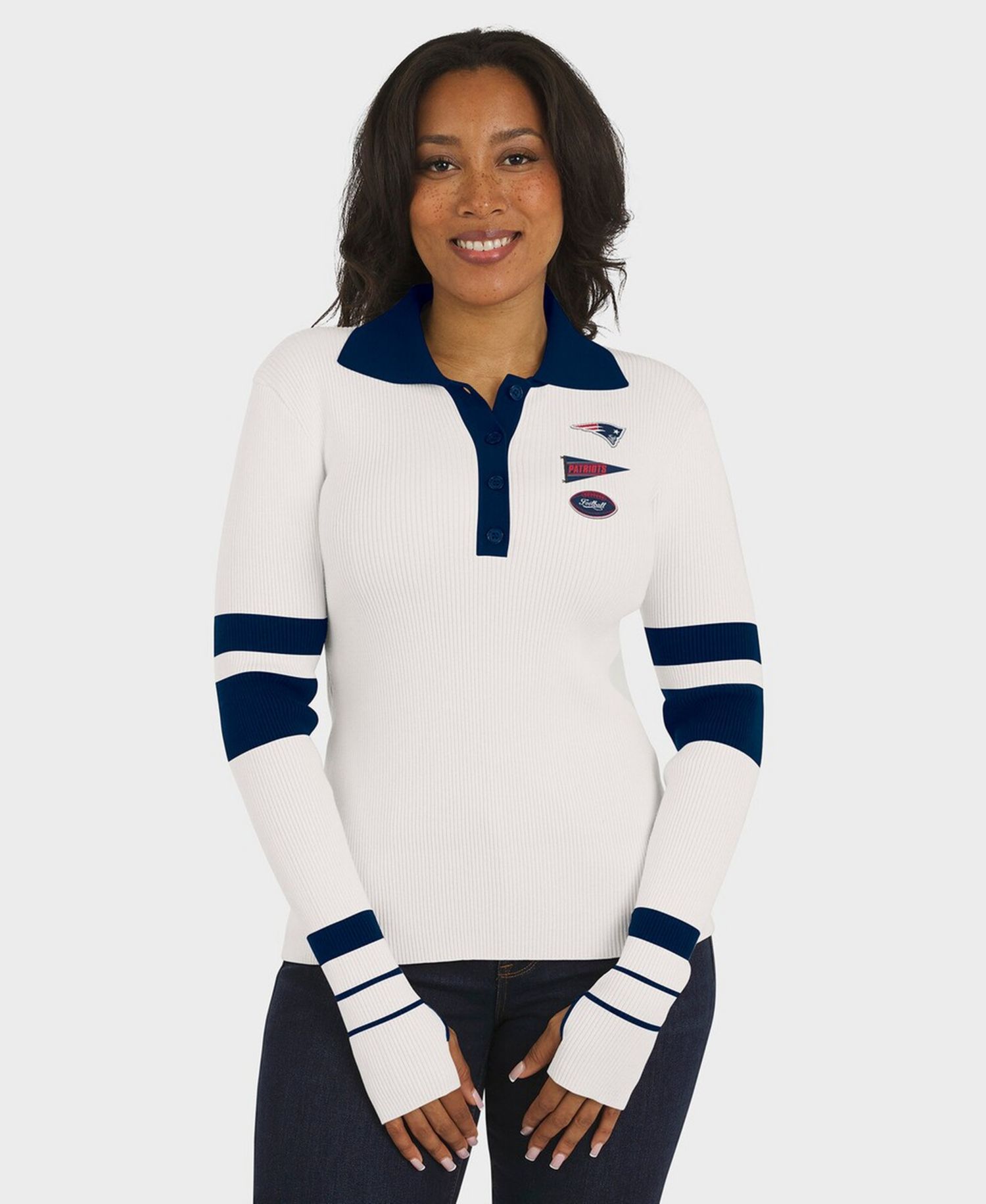 Women's White New England Patriots Ribbed Henley Polo Sweater