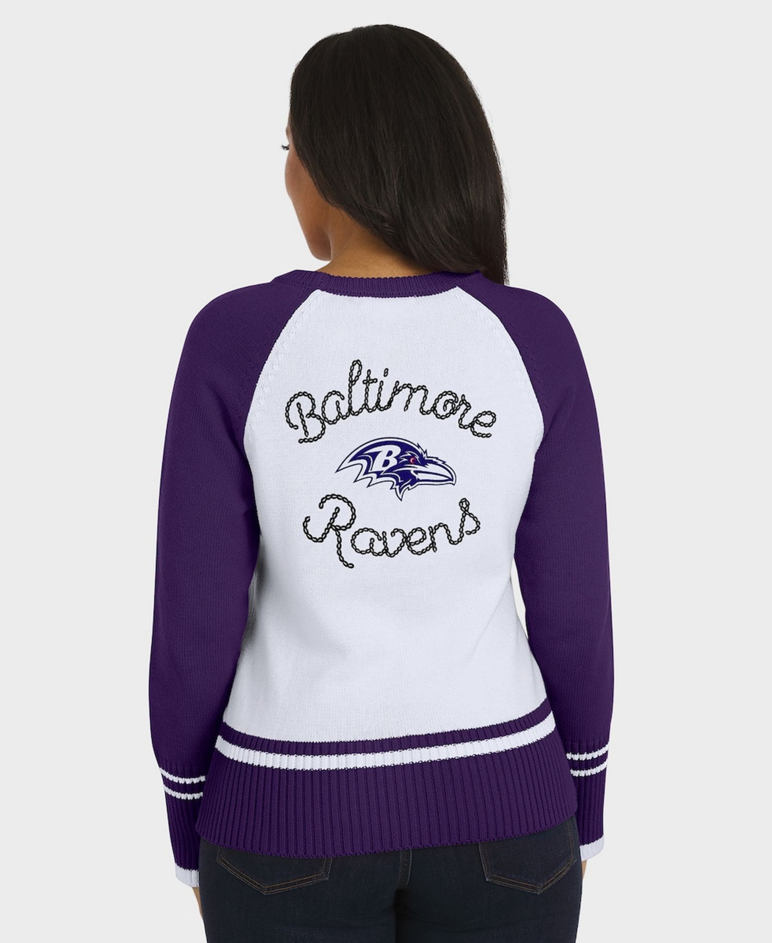 Women's White/Purple Baltimore Ravens Color block Raglan Sweater