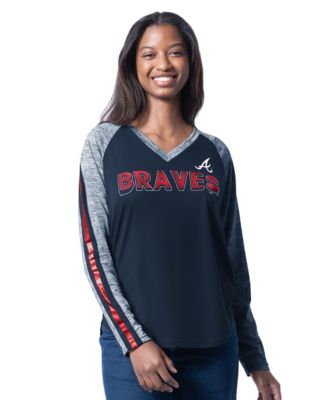 Women's Navy Atlanta Braves Top Dog Raglan Long Sleeve V-Neck T-Shirt