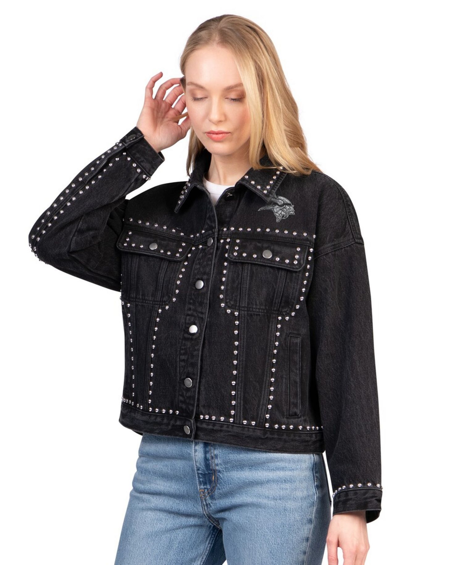 Women's Black Minnesota Vikings Pit Stop Crew II Full-Button Denim Jacket