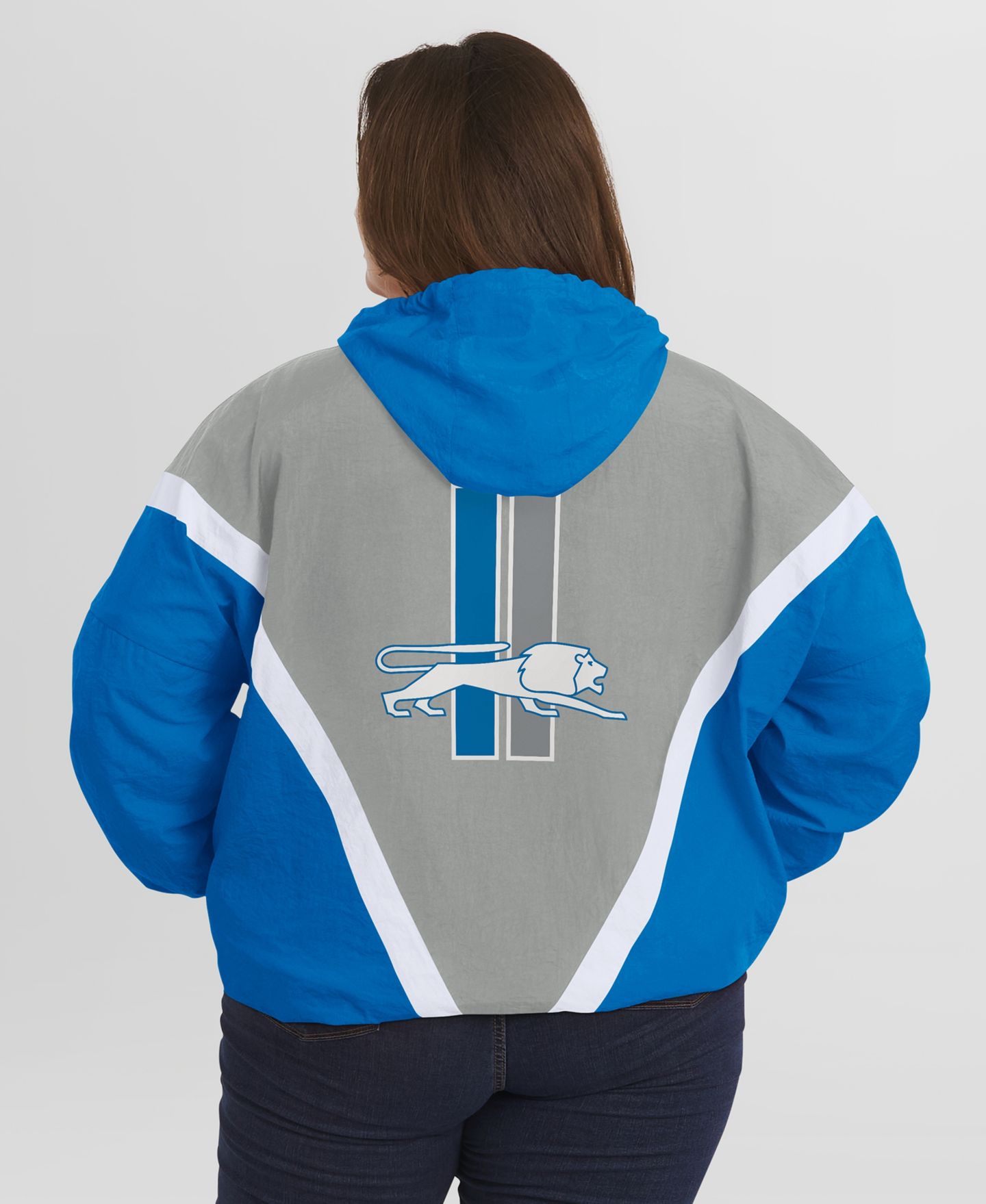 Женские худи WEAR by Erin Andrews Blue/Gray Detroit Lions Plus Size Retro Crinkle Full-Zip Windbreaker Jacket — фото 5