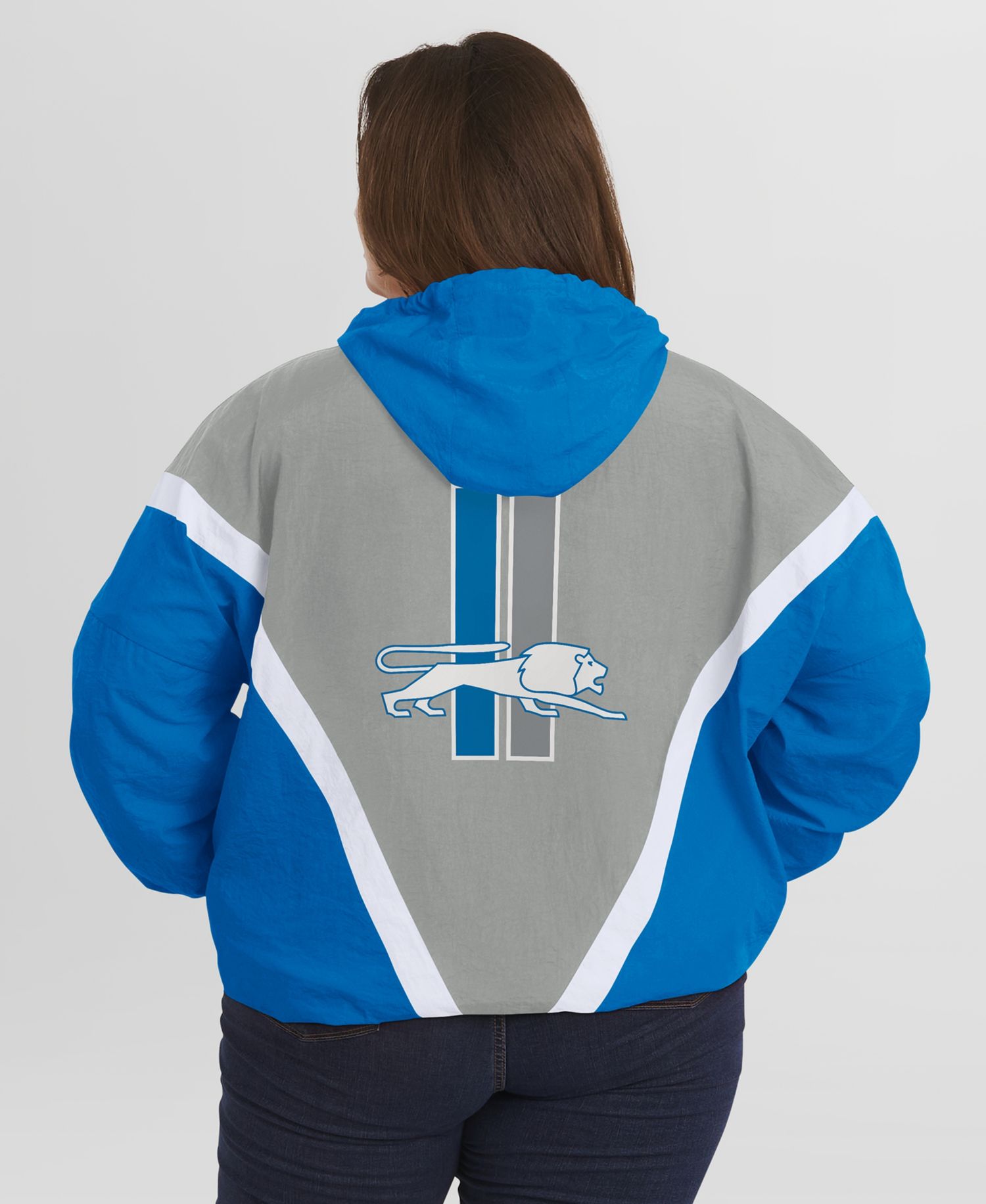 Women's Blue/Gray Detroit Lions Plus Size Retro Crinkle Full-Zip Hoodie Windbreaker Jacket