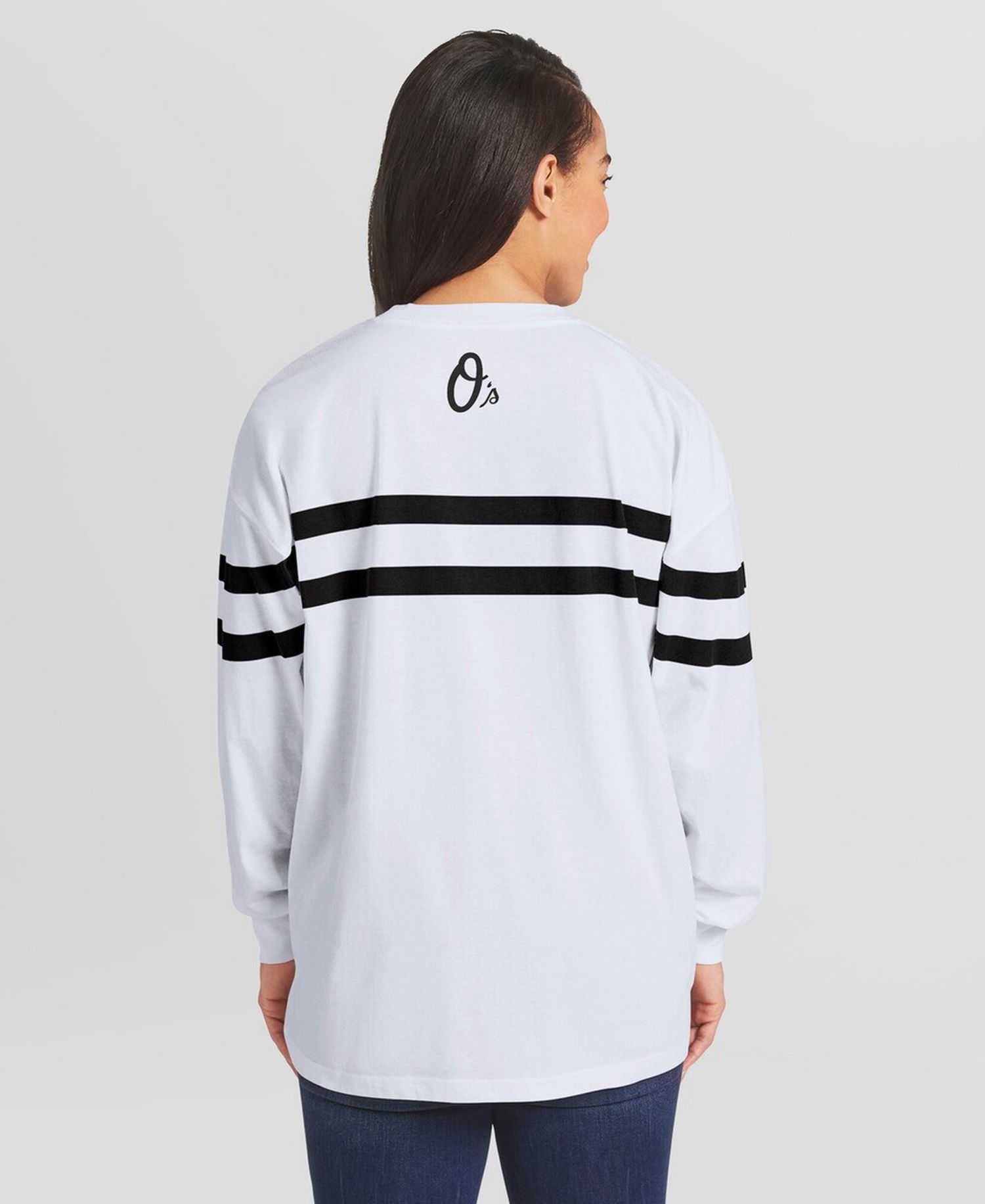 Women's White Baltimore Orioles Oversized Long Sleeve Striped T-Shirt