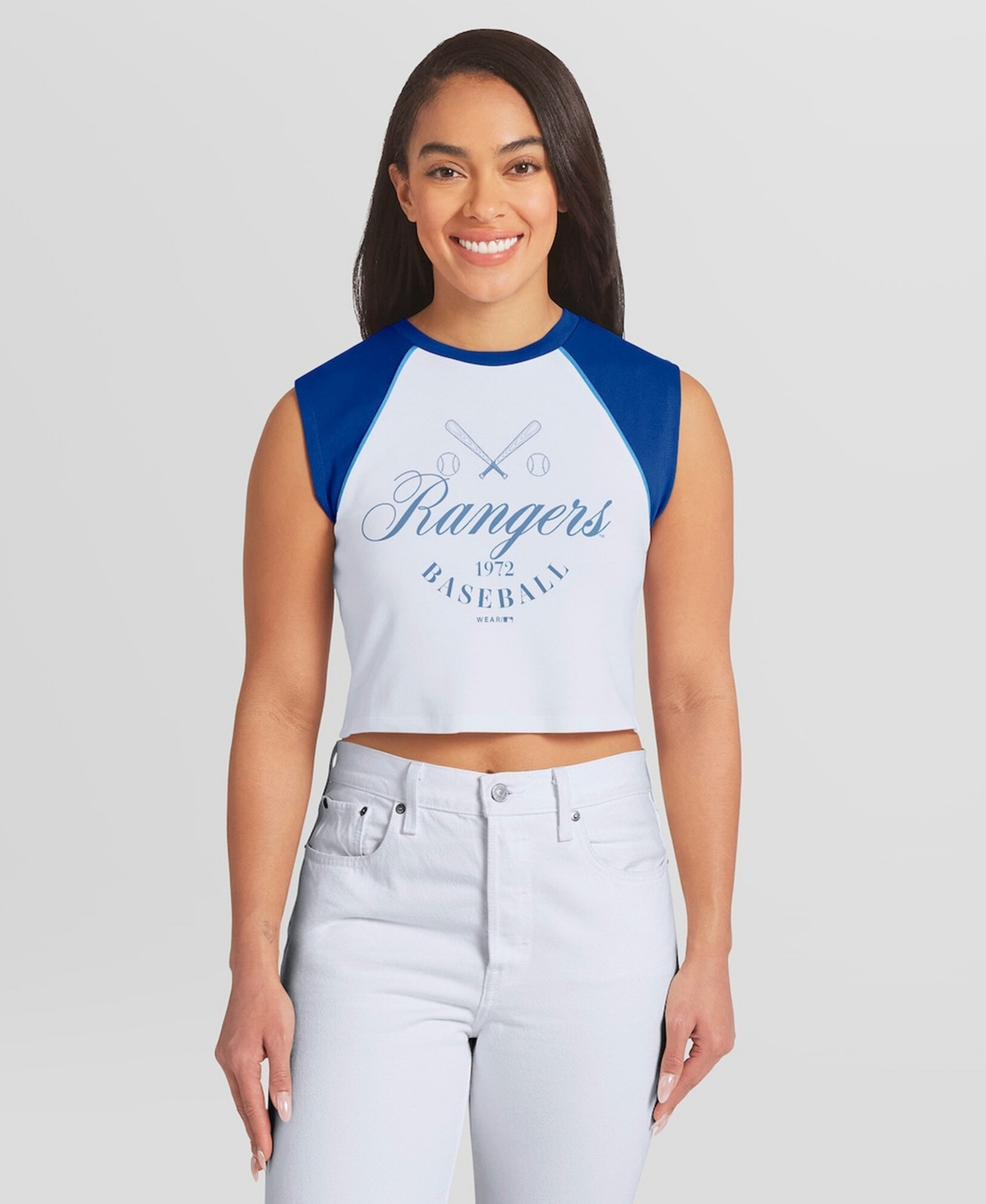 Wear by Erin Andrews Women's White Texas Rangers Cooperstown Cropped Raglan Tank Top