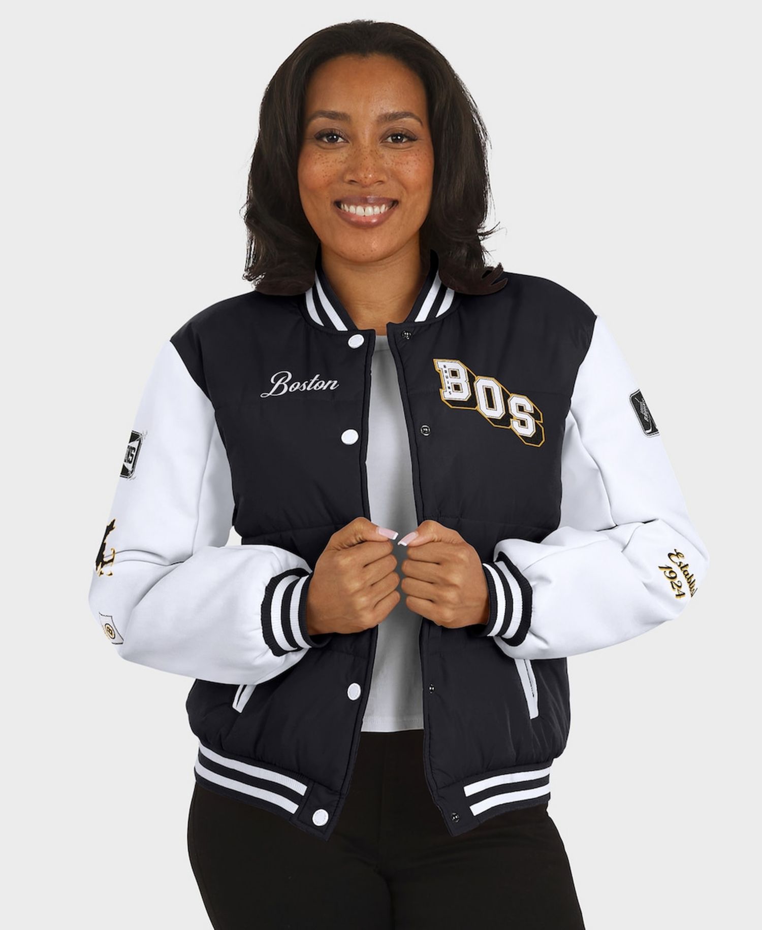 Women's Black/White Boston Bruins Varsity Full-Snap Puffer Jacket