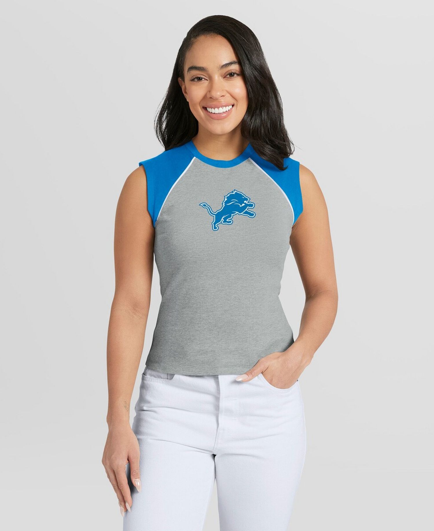 Women's Gray Detroit Lions Cropped Raglan Tank Top