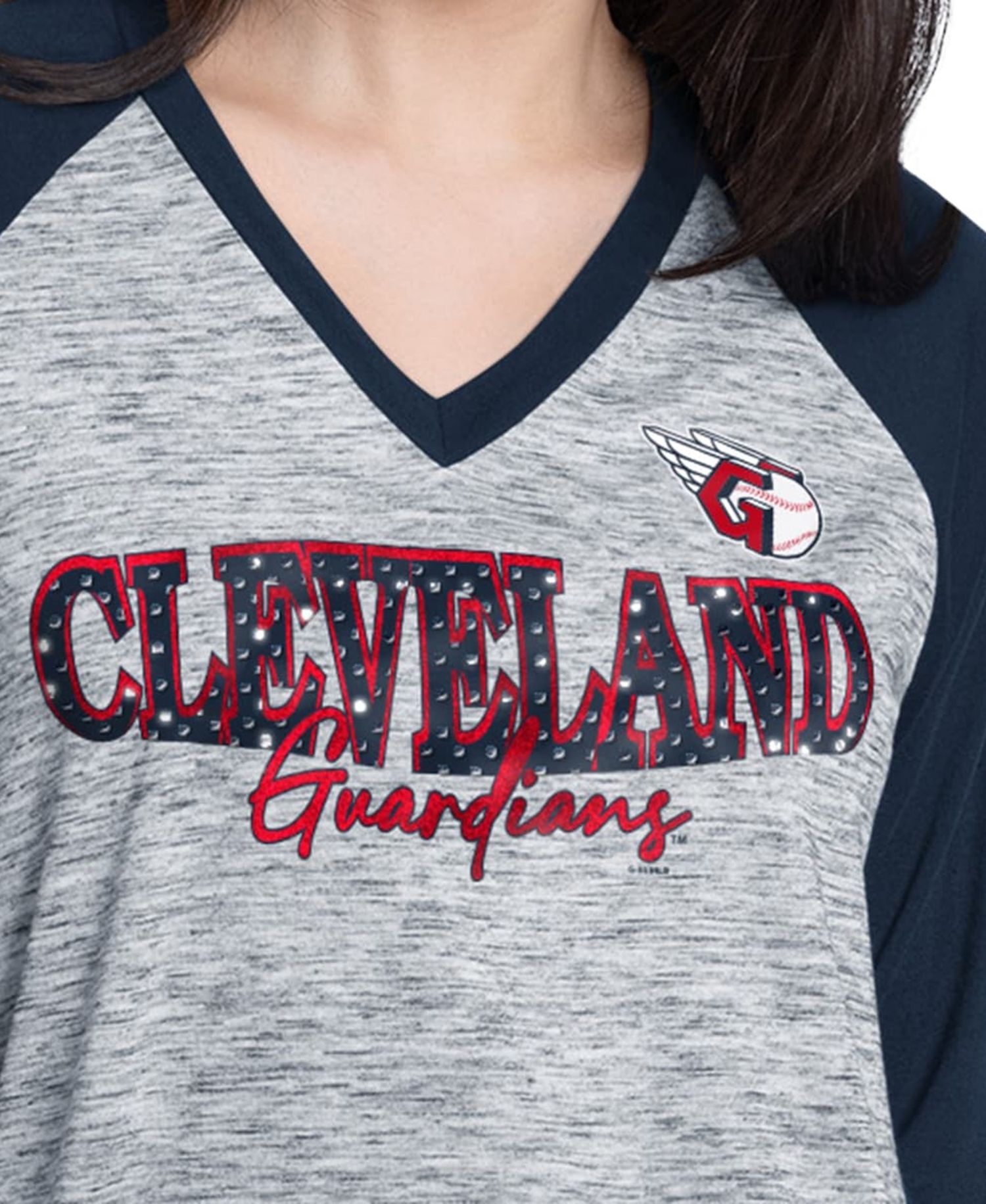 Women's Navy/Heather Navy Cleveland Guardians Speed Training 3/4-Sleeve Rhinestone V-Neck T-Shirt