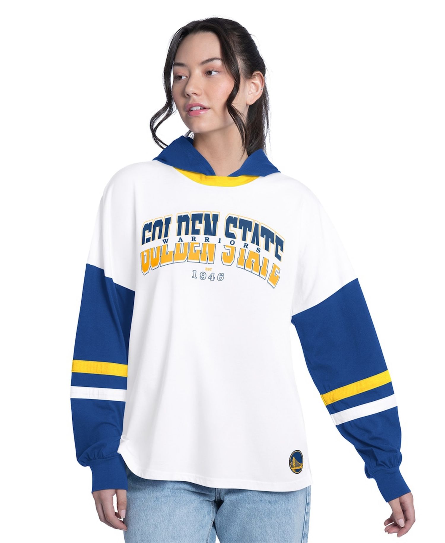 Women's White/Royal Golden State Warriors Key Player Oversized Hooded Long Sleeve T-Shirt