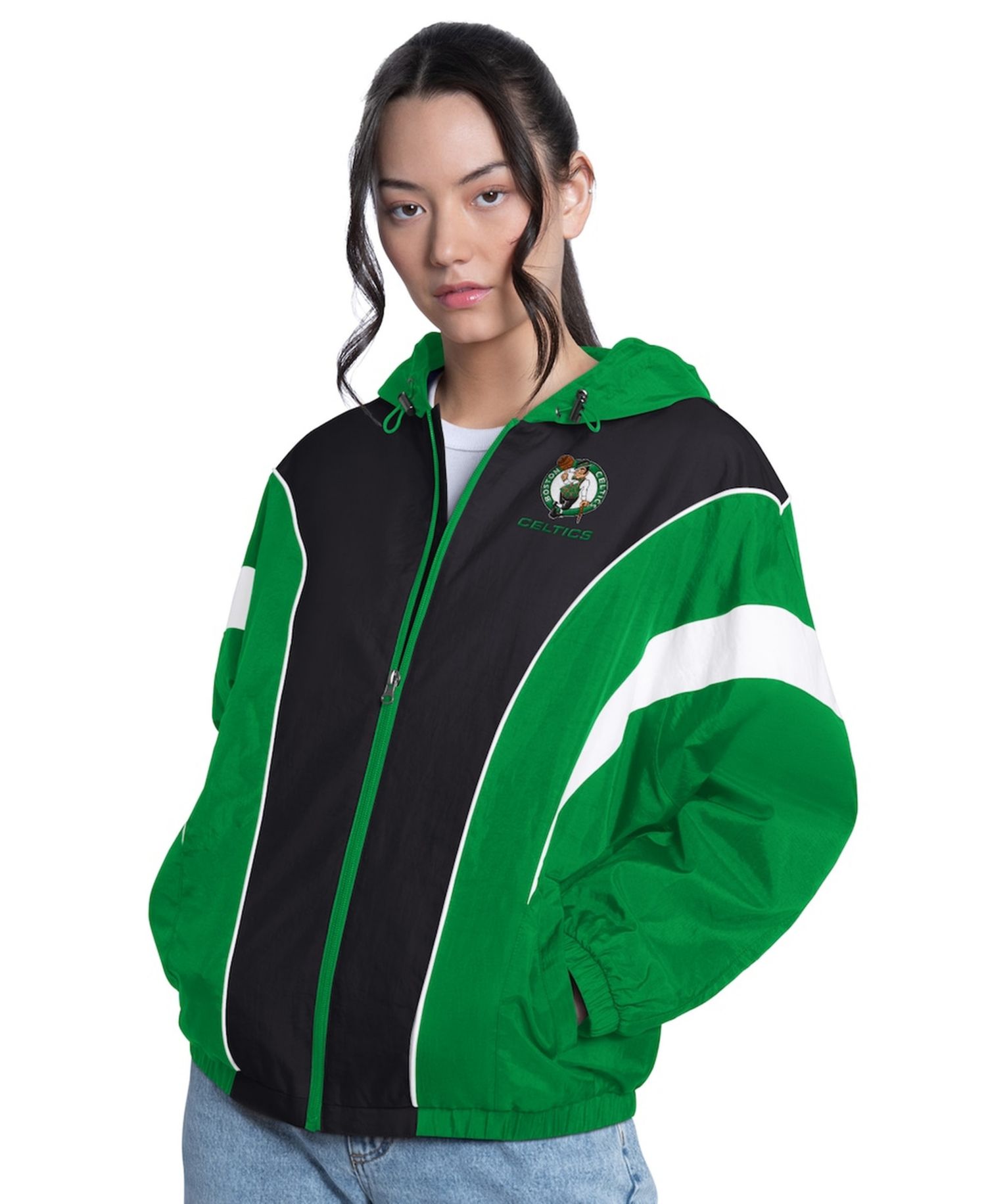 Women's Green/Black Boston Celtics Quarterback Lightweight Oversized Full-Zip Jacket