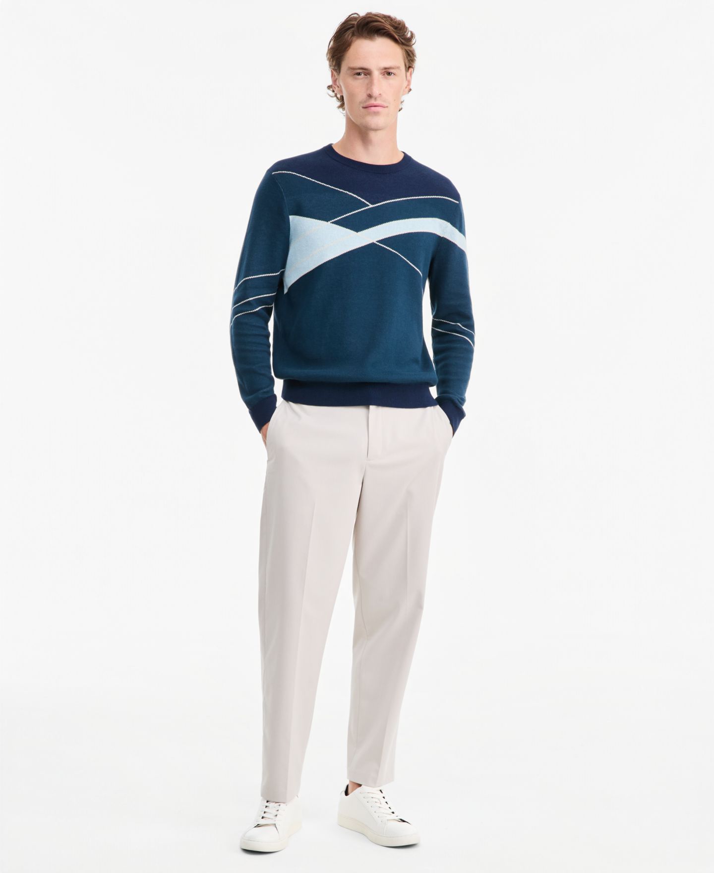 Мужской свитер Alfani Cotton Colorblocked Crewneck, цвет: Полуночный бирюзовый — фото 2
