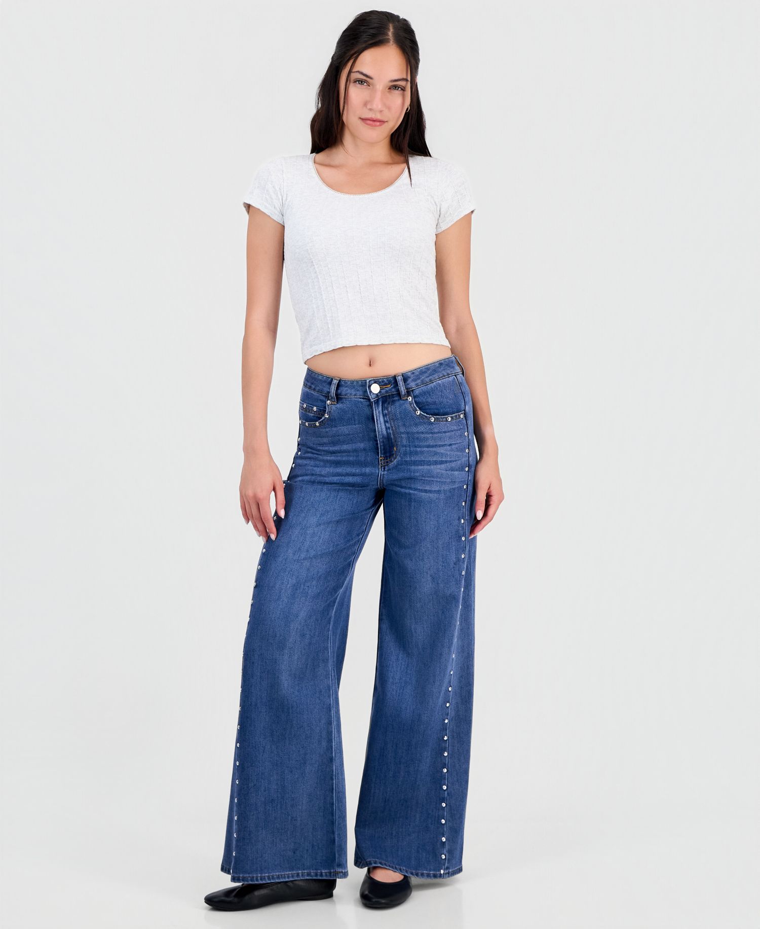 Juniors' High-Waisted Wide-Leg Studded Jeans