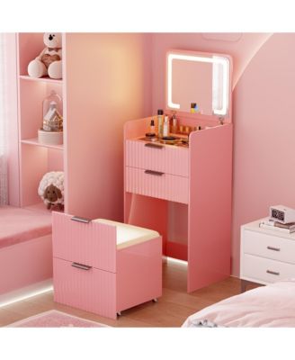3-in-1 Flip Top Mirror Vanity Desk, Glass Desktop Dressing Table with 3 Drawers and Padded Stool