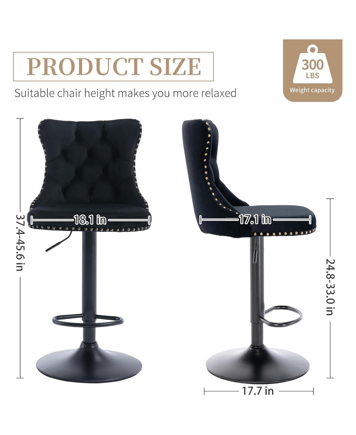 Rainsken Set of 2 Velvet Bar Stools, Adjustable Swivel Counter Height Chairs with Back, Footrest and Nailhead Trim for Kitchen Island