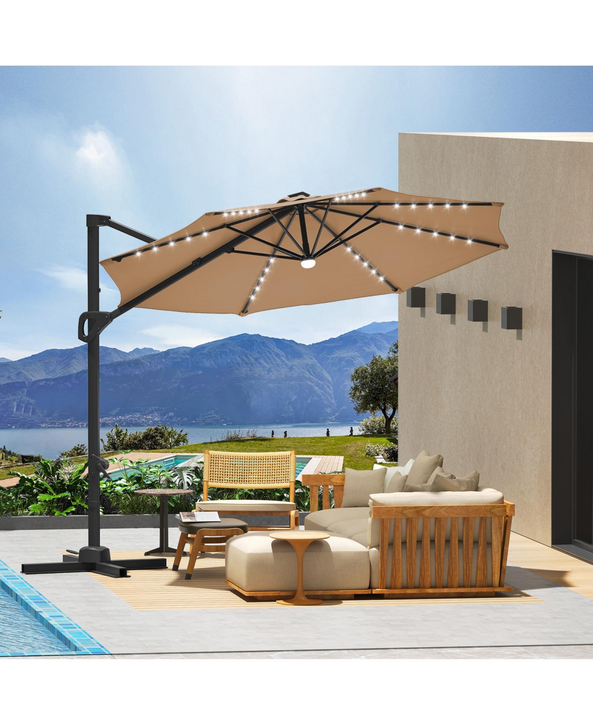 gaomon Solar Led Cantilever Patio Umbrella, 360degree(s) Rotation, Uv Protection for Backyard, Deck, Pool, with Base