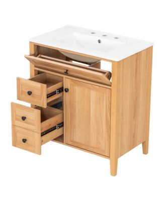 Grain Bathroom Vanity with Ceramic Sink Solid Wood Legs Soft Close Tip Out Drawer Door Storage Adjustable Shelf