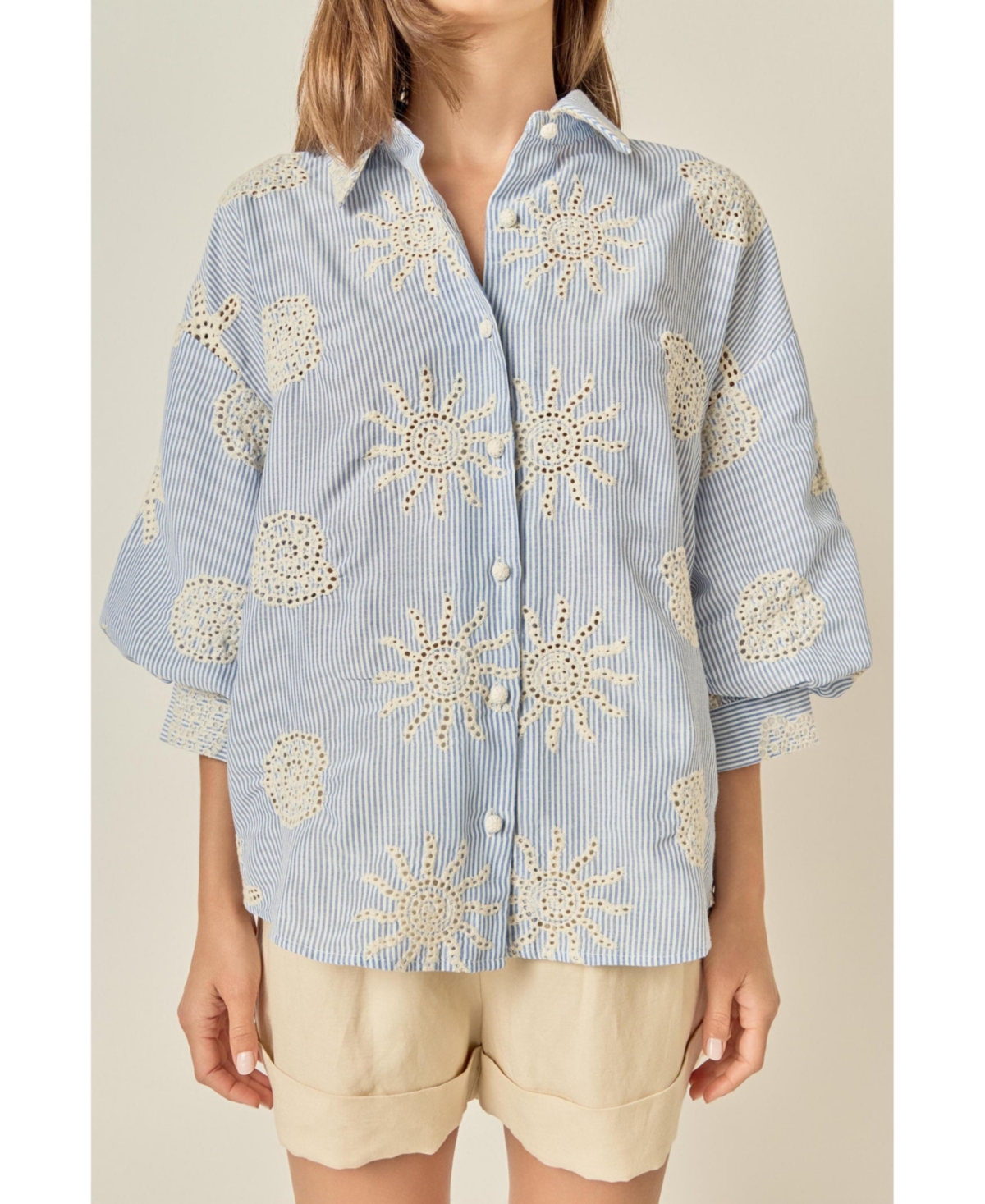 English Factory Women's Striped Embroidery Detail Volume Sleeve Shirt