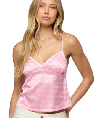 Women's Polka Dot Satin Effect Lace Trim Top