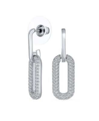 Geometric Vertical U Oval Micro Pave CZ Dangling Link Paperclip Earrings Gold Plated