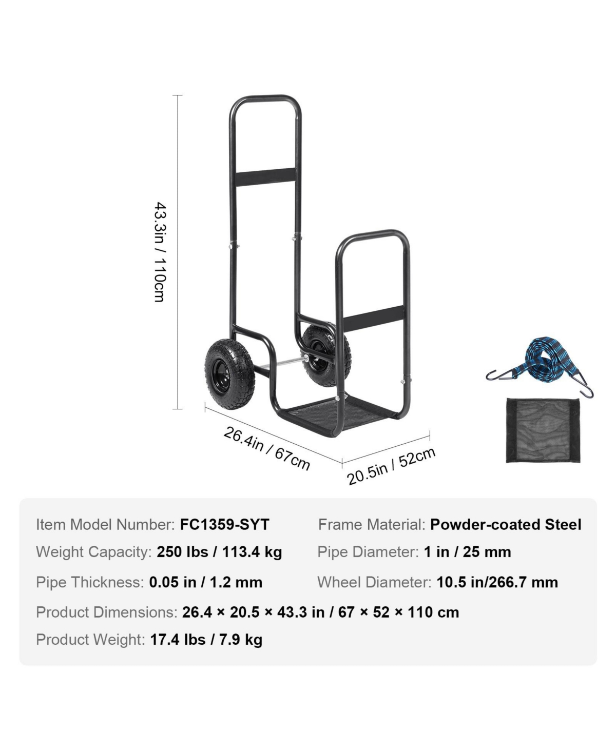 Cozito Firewood Log Cart, 250 lb Capacity Steel Dolly with Pneumatic Rubber Wheels