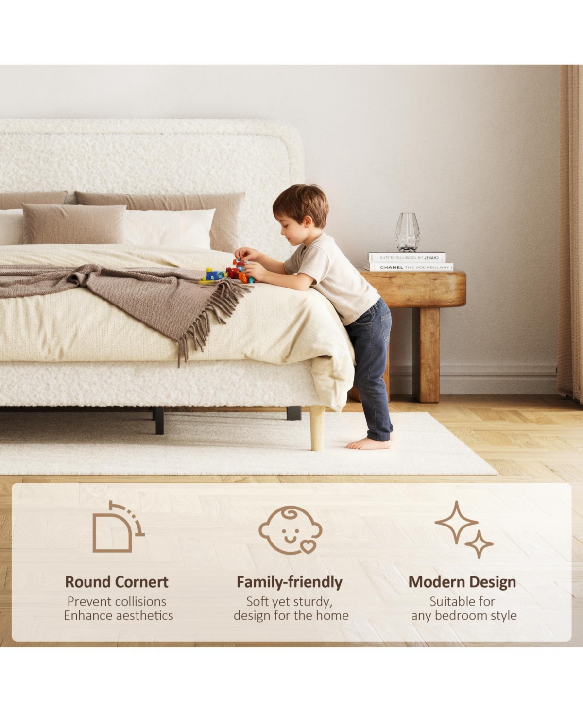 Rainsken Platform Bed Frame, with Height-Adjustable Headboard, Quiet Design, Upholstered Teddy fabric