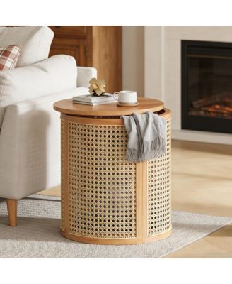 Round Solid Wood Nightstand, Hollow Woven Bedside Table, Compact Accent End Table