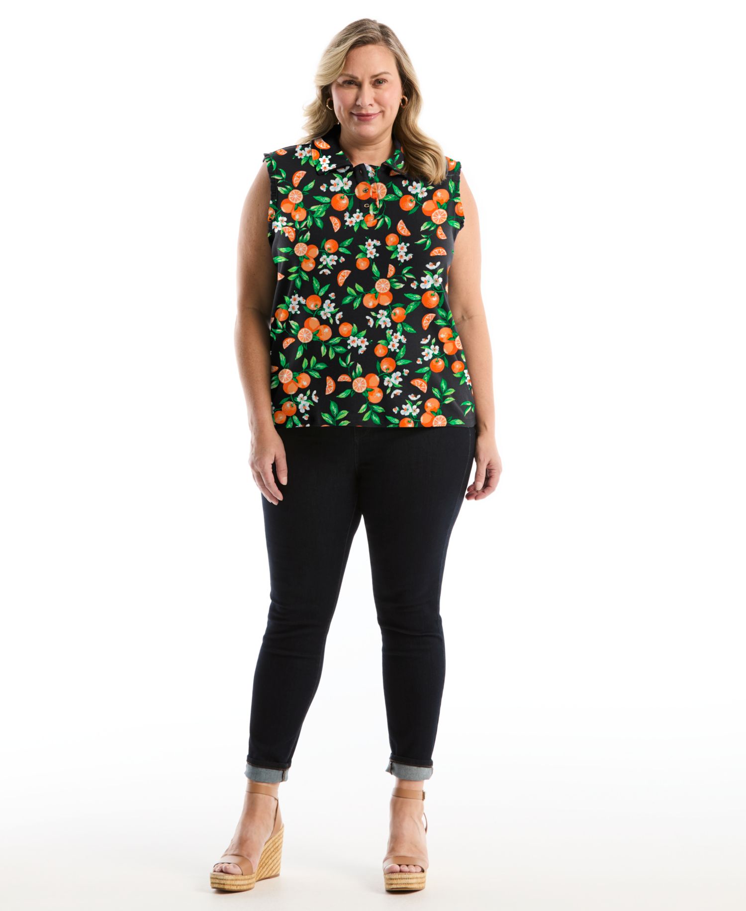 Plus Size Orange Print Ruffle Trim Sleeveless Polo Shirt